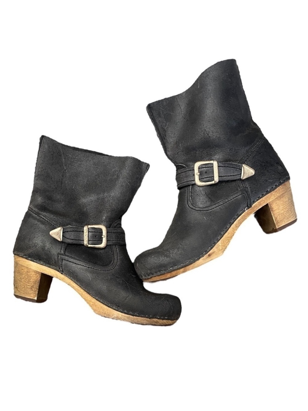 SANITA Wood Allen Square Clog Boots 38 Black